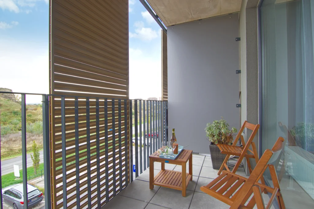 Bamboo privacy screen on an apartment balcony