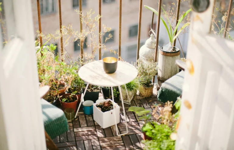 Balcony garden with potted herbs and container plants