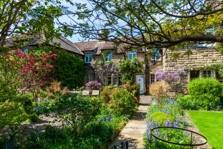 Cottage garden with roses and mixed perennial border