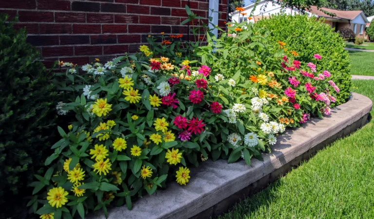 Garden bed edged with natural stone and brick